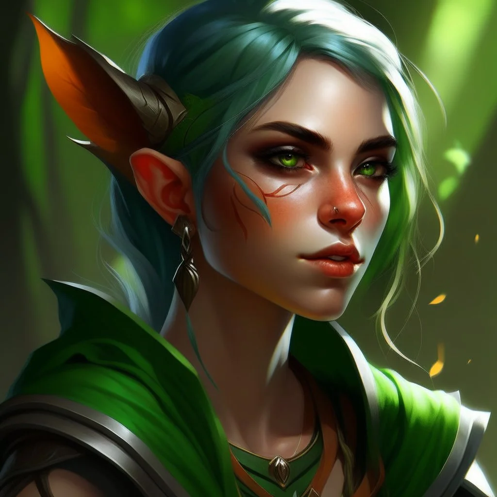 dnd, artistic, illustration, artstation, elf, feywild, bright green hair, green eyes, warrior, portrait