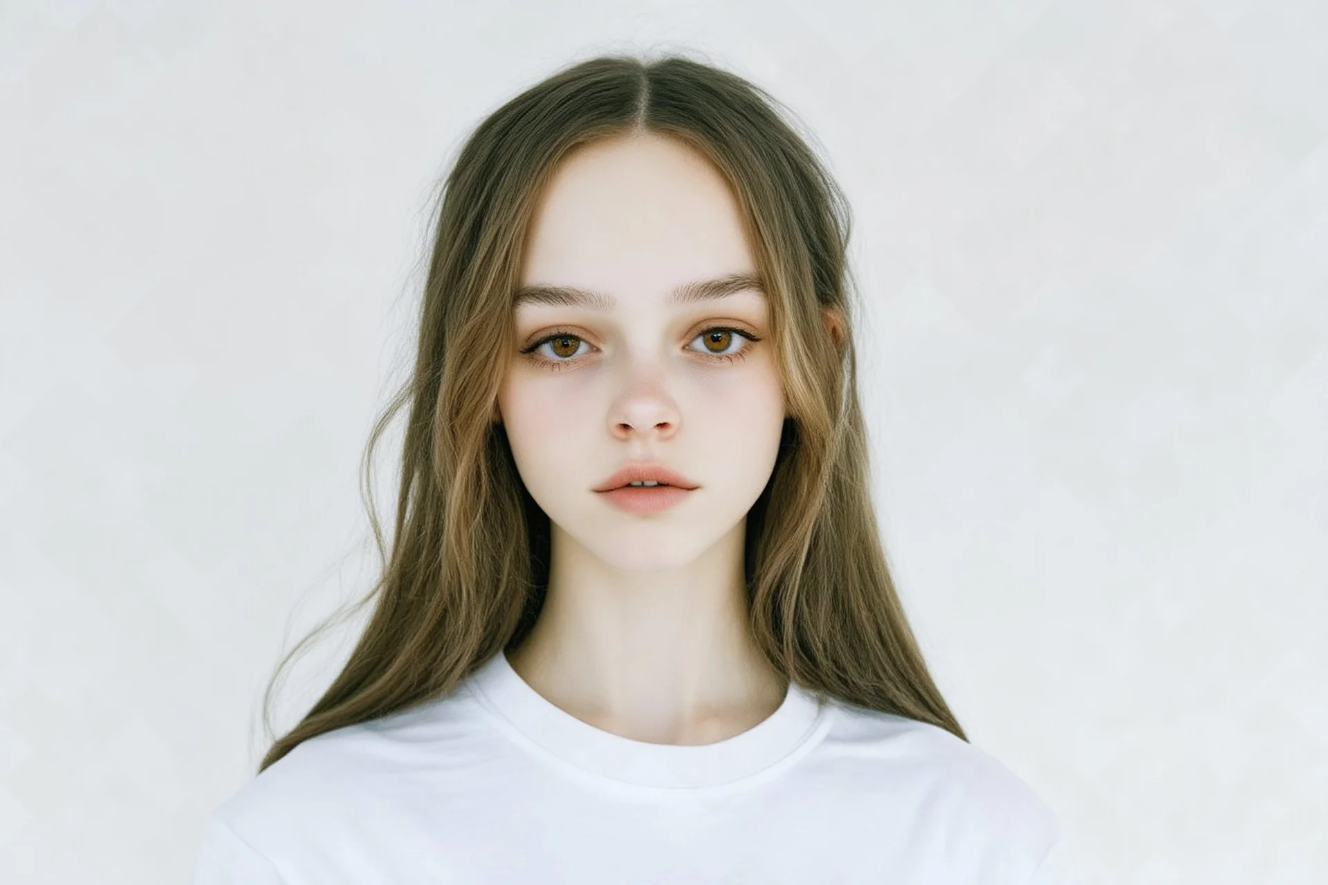 Polaroid, lilyroseDepp, cheveux long séparés au milieu, sans frange, yeux marron, petit nez, t-shirt blanc, fond blanc