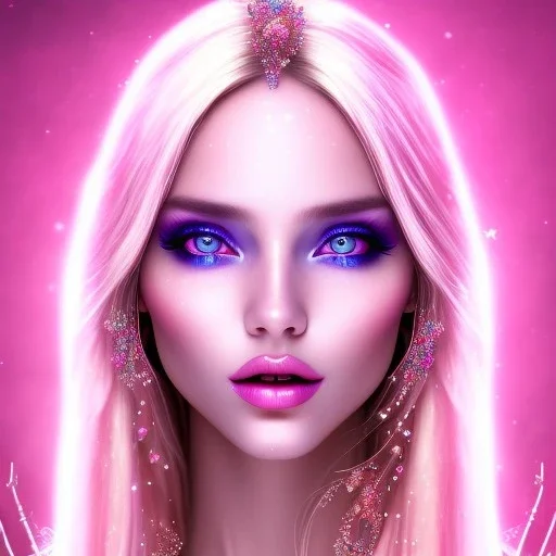 beautiful, soft, smiling face, whole head, long straight blonde hair blues eyes, crown on the head, clothing in transparent bluish and pink veil, background brillante bluish and pink, hight definition, 8K