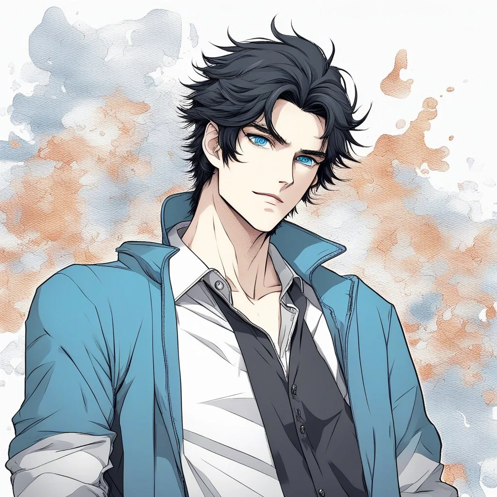 An handsome man with messy black hair and blue eyes, wearing casual, modern attire, colored manga style, intricately detailed,