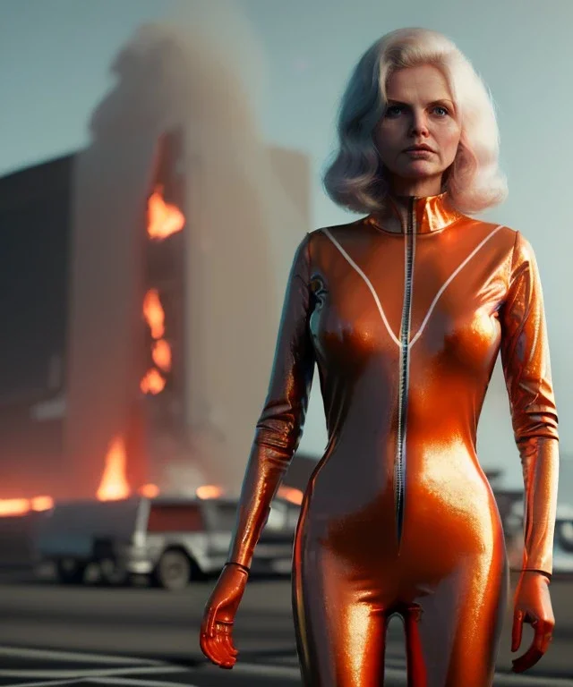 retro sci-fi portrait image from 1980, supermarket parking explosion, fire, scared people, blonde woman walking, young Michelle Pfeiffer face, tight latex suit, soft color, highly detailed, unreal engine 5, ray tracing, RTX, lumen lighting, ultra detail, volumetric lighting, 3d, finely drawn, high definition, high resolution.