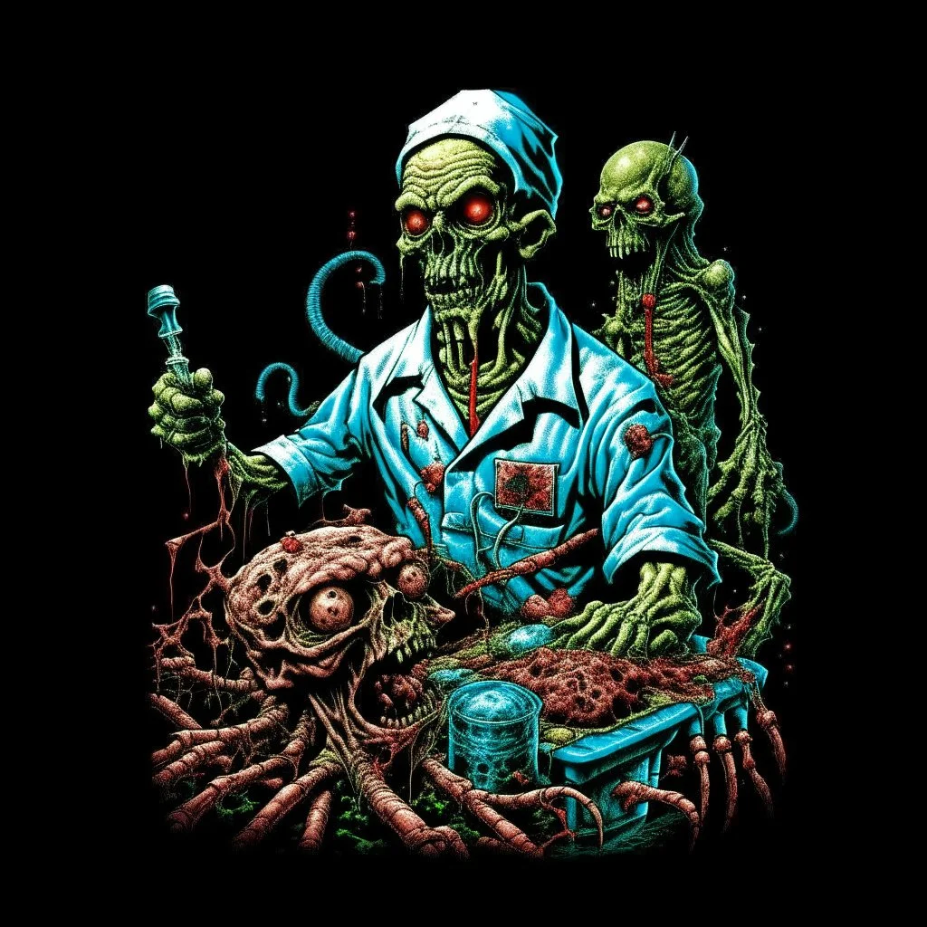 Science experiment Horror surgeon by Richard Corben, Todd Schorr, T-Shirt Design, Black Background