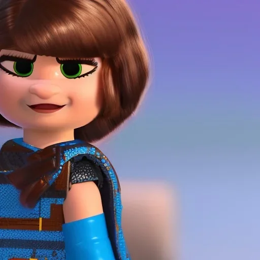 anna wintour with dark brown hair in a ponytail, blue eyes, happy, lego, steampunk
