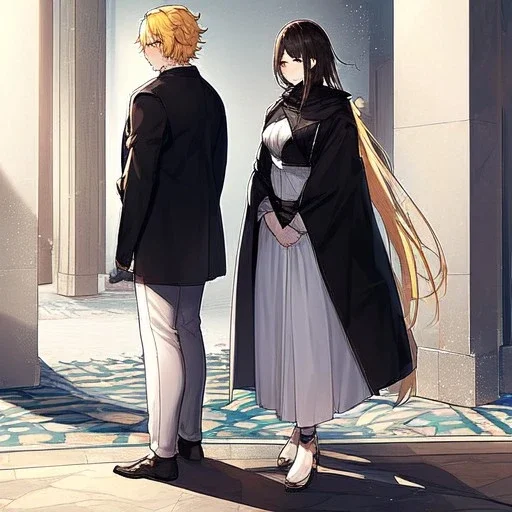 anime,ballancing scale, couple is standing back to back, female is wearing white dress and has yellow hair, male is wearing black coat with dark brown hair, man is tall, woman is short