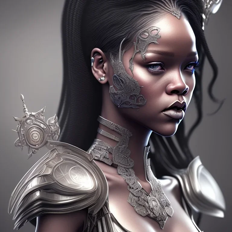 Rihanna, long black hair, elemental face, Unreal Engine 5, highly detailed, highest quality, digital painting, complex 3d render, unreal engine render, insane detail, intricate photograph quality, magnificent, majestic, highly intricate, Realistic photography, grand hall, wicked throne, holding scepter, crown of barbwire, dark color palette, metallic, highly detailed, highest quality, digital painting