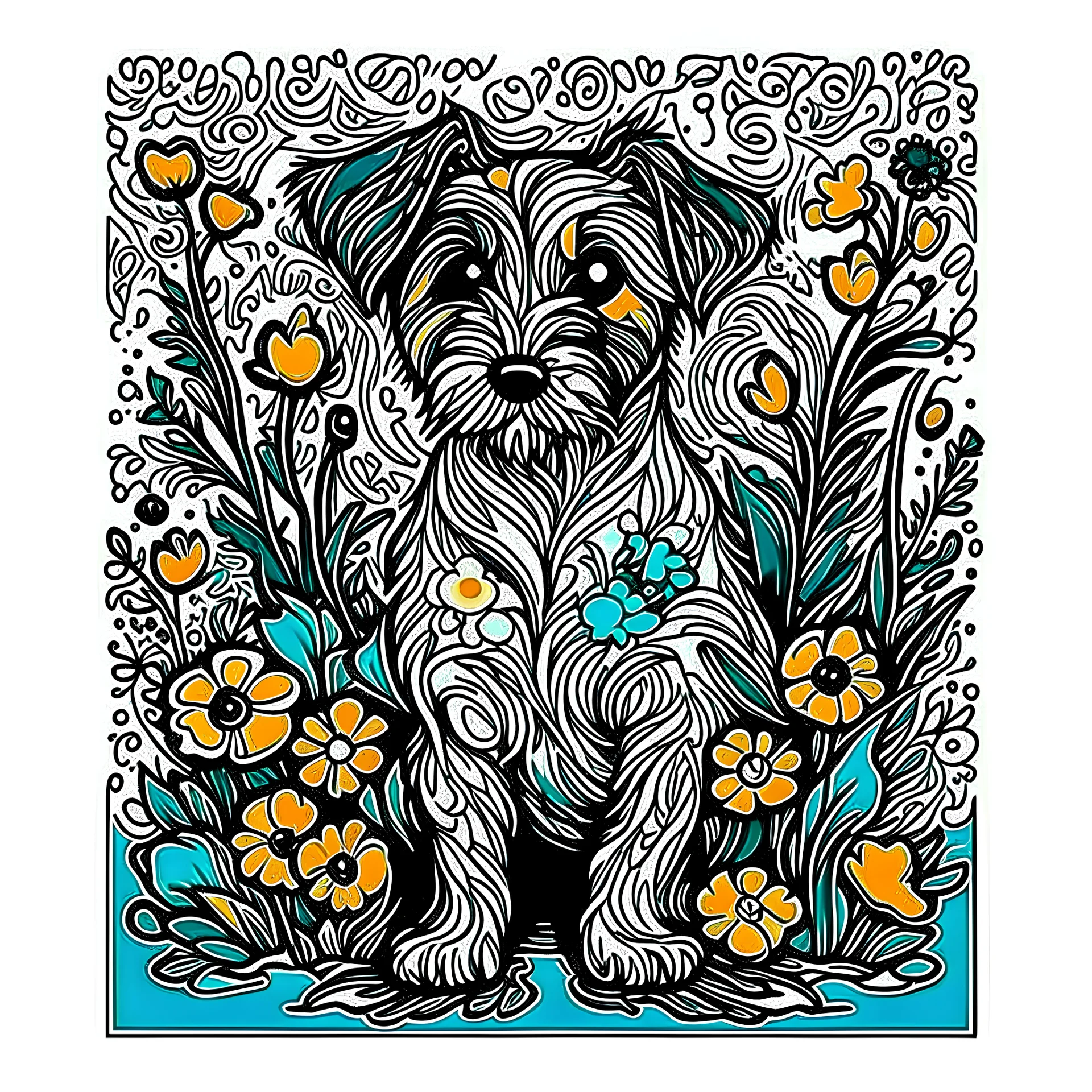 dog-print-vincent-van-gogh-flowers-,design, vector graphic, colorful, adorable, cute, vector illustration, white background