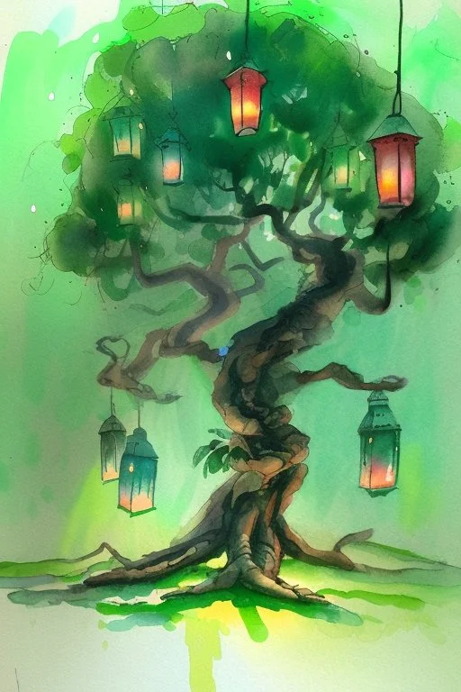 tree in a magical forest, aquarell, lanterns hanging on the tree