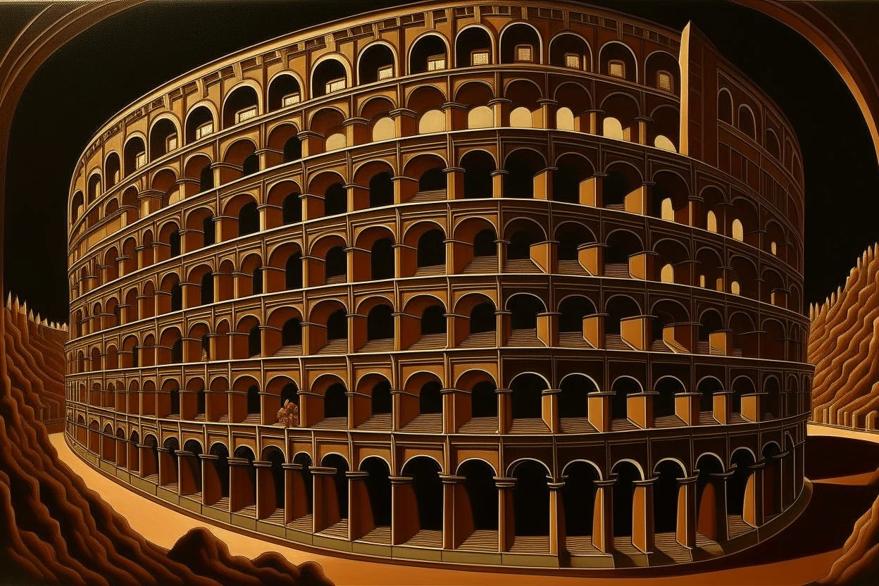 A bronze colored coliseum painted by MC Escher