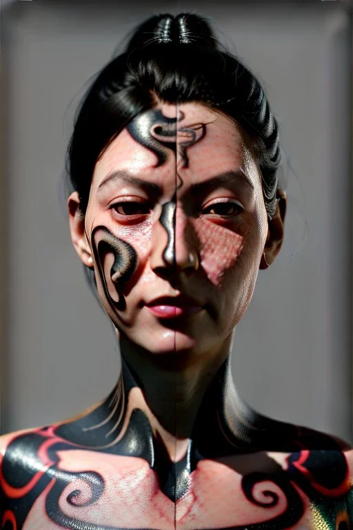 Ultra Realistic image, 38 years old madrid woman, portrait, small complexion, natural small busty, traditional Japanese body tattoo, jakuza style, put traditional Japanese mask, vibrant color, highly detailed, art stations, concept art, smooth, unreal engine 5, god rays, ray tracing, RTX, lumen lighting, ultra detail, volumetric lighting.