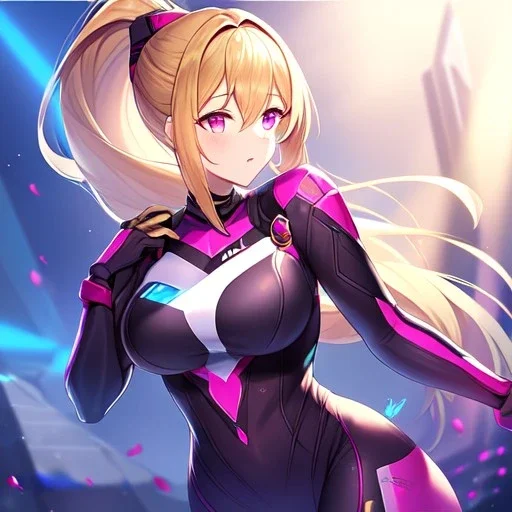 girl, masterpiece, best quality, volumetric lighting, detailed outfit, perfect eyes, golden hair, pink eyes, long hair, ponytail, body suit,