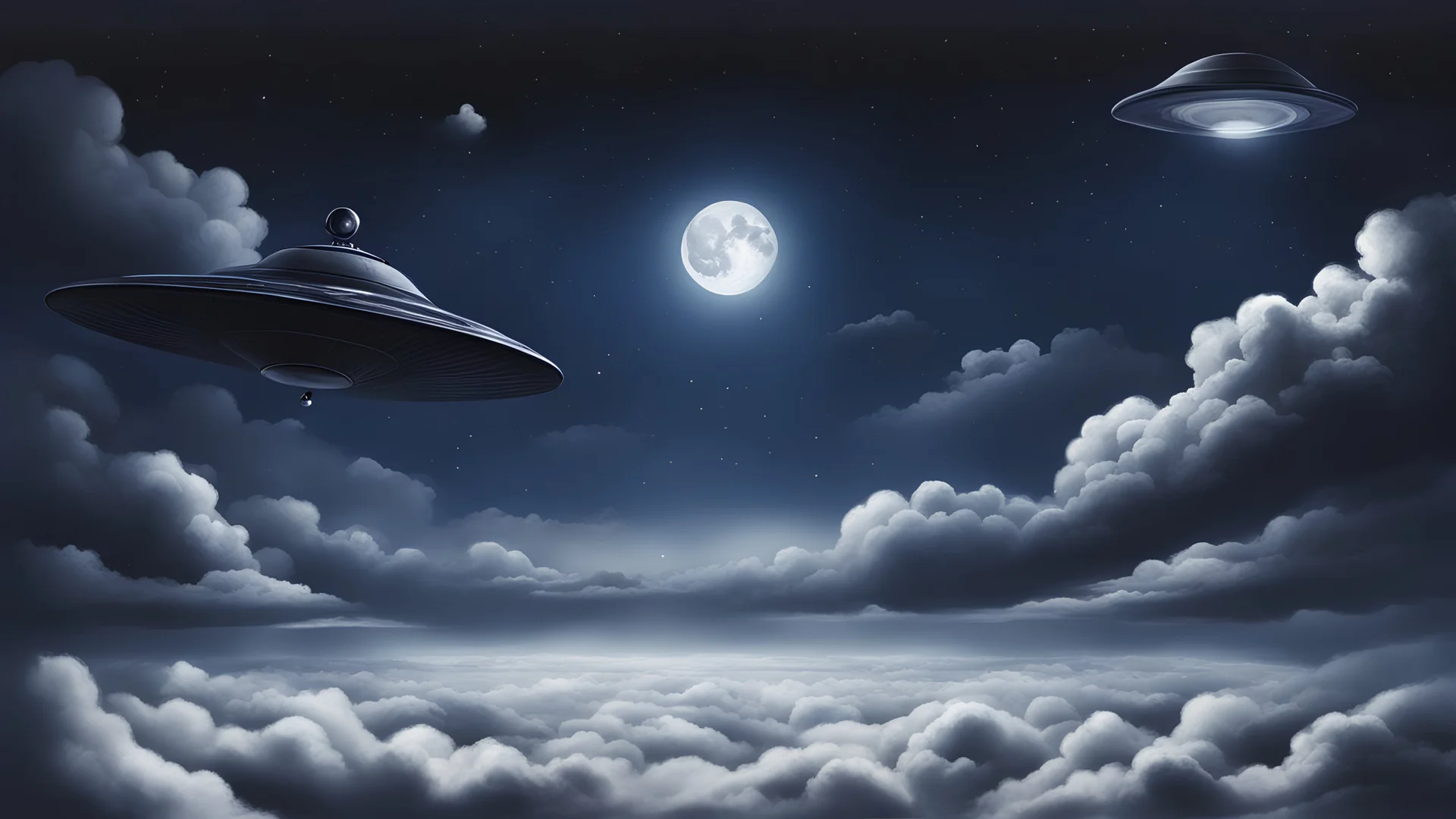 a realistic drawing of a navy blue night sky, with the moon and a ufo flying over clouds