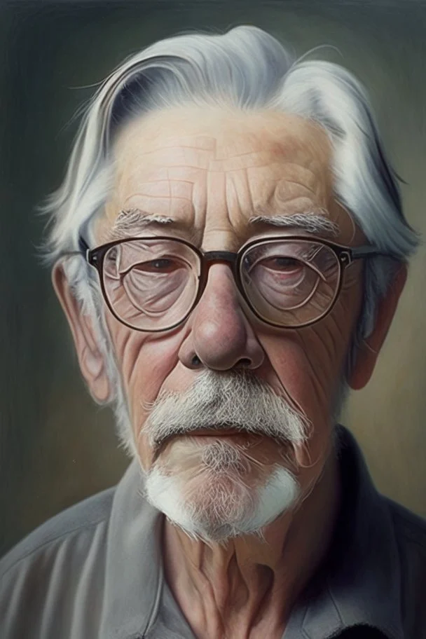 portrait of a man, in his seventies; small, short white locks and a goatee; wears a pair of round glasses