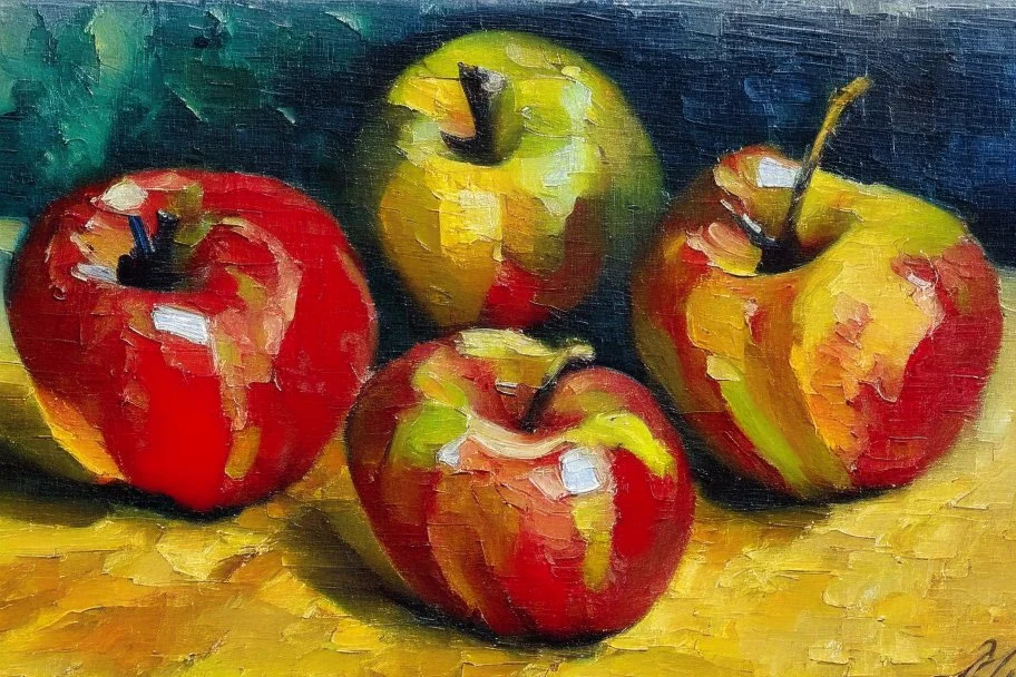 Abstract impasto oil painting of an apples on a table,style of William Turner