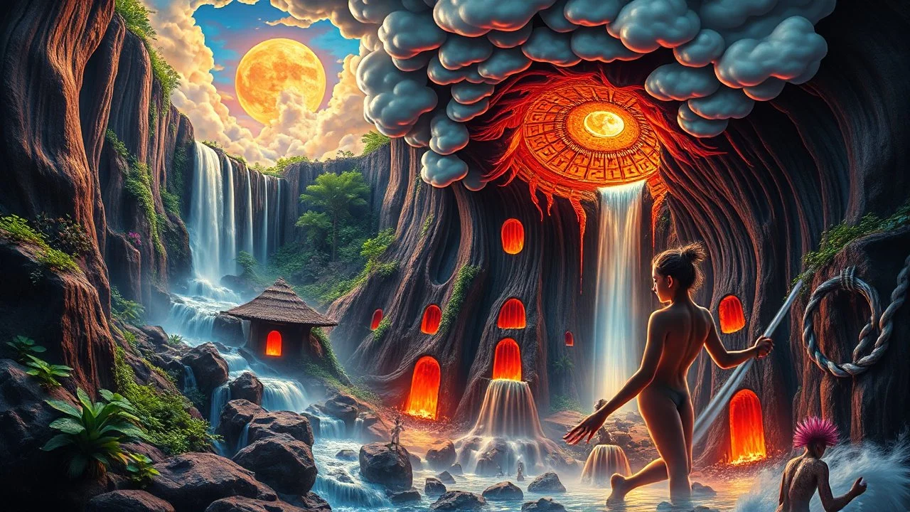 waterfall full of holes with various jungle flowing spiral cloud neon colorful Unique open cliff burning rippled surrealistic artwork with shiny shackled by cliff and sea island, while holding a waterfall doing pulling, the open cavity inside the body is a scene of an ancient Egyptian painting in the Gesang desert 5D diorama, with seven open panels revealing a forest with a thousand shadows, giving a triple exposure effect on a beautiful Balinese girl with magic breast milk and telepathic waves