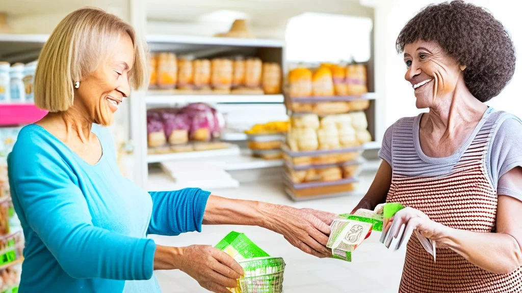 strung out woman receiving cash for her groceries to lady at house