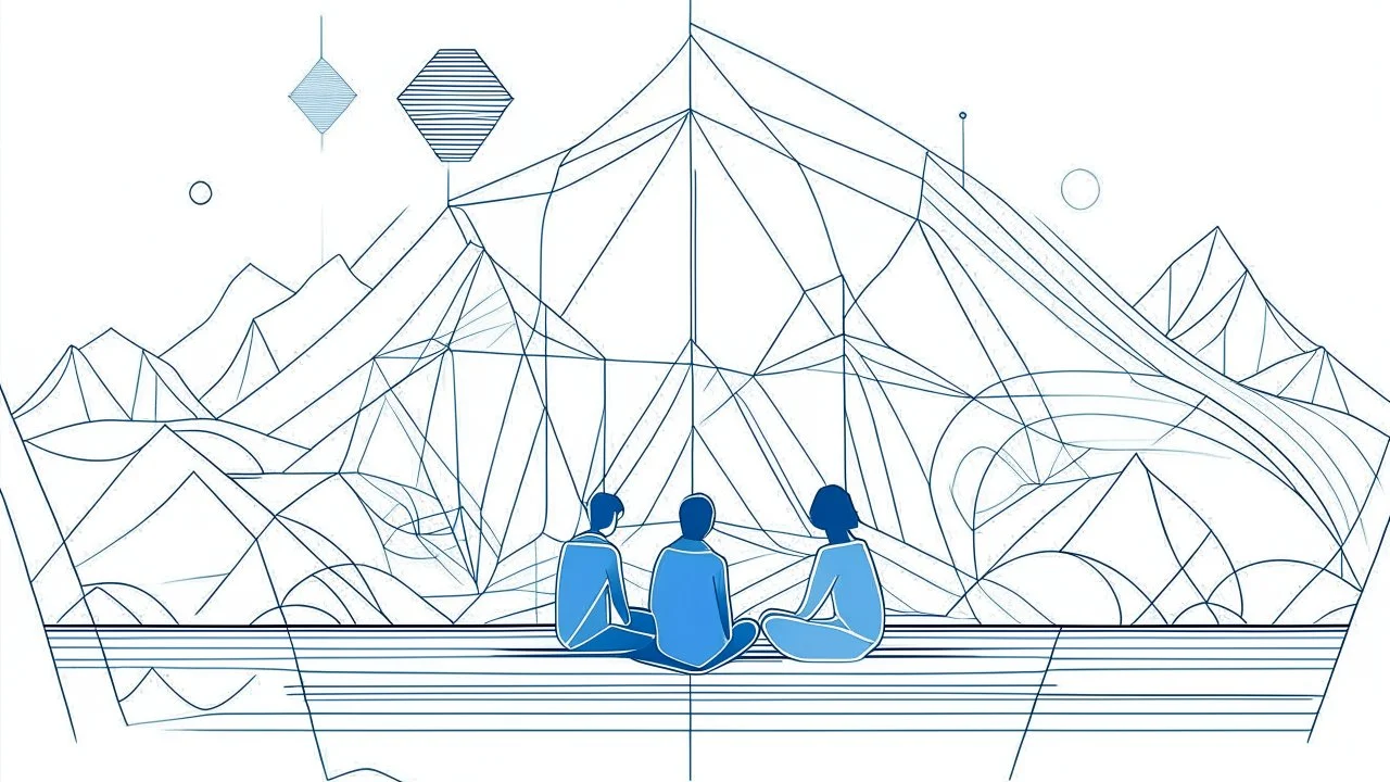 Create a geometric Line Art illustration of a scene where individuals are actively participating in conscious breathing and ice immersion, focusing on their serene expressions. Use geometric shapes and lines to convey tranquility and balance within the environment. Experiment with the Line Art style to enhance the minimalist and serene atmosphere. The goal is to produce an abstract yet visually striking illustration that communicates the transformative and holistic experience.