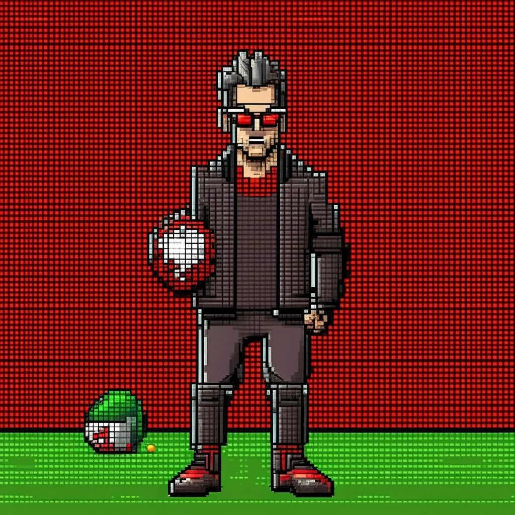 A pixel art cyberpunk version of the best football predictor master pundit master nerdy red battle hardy