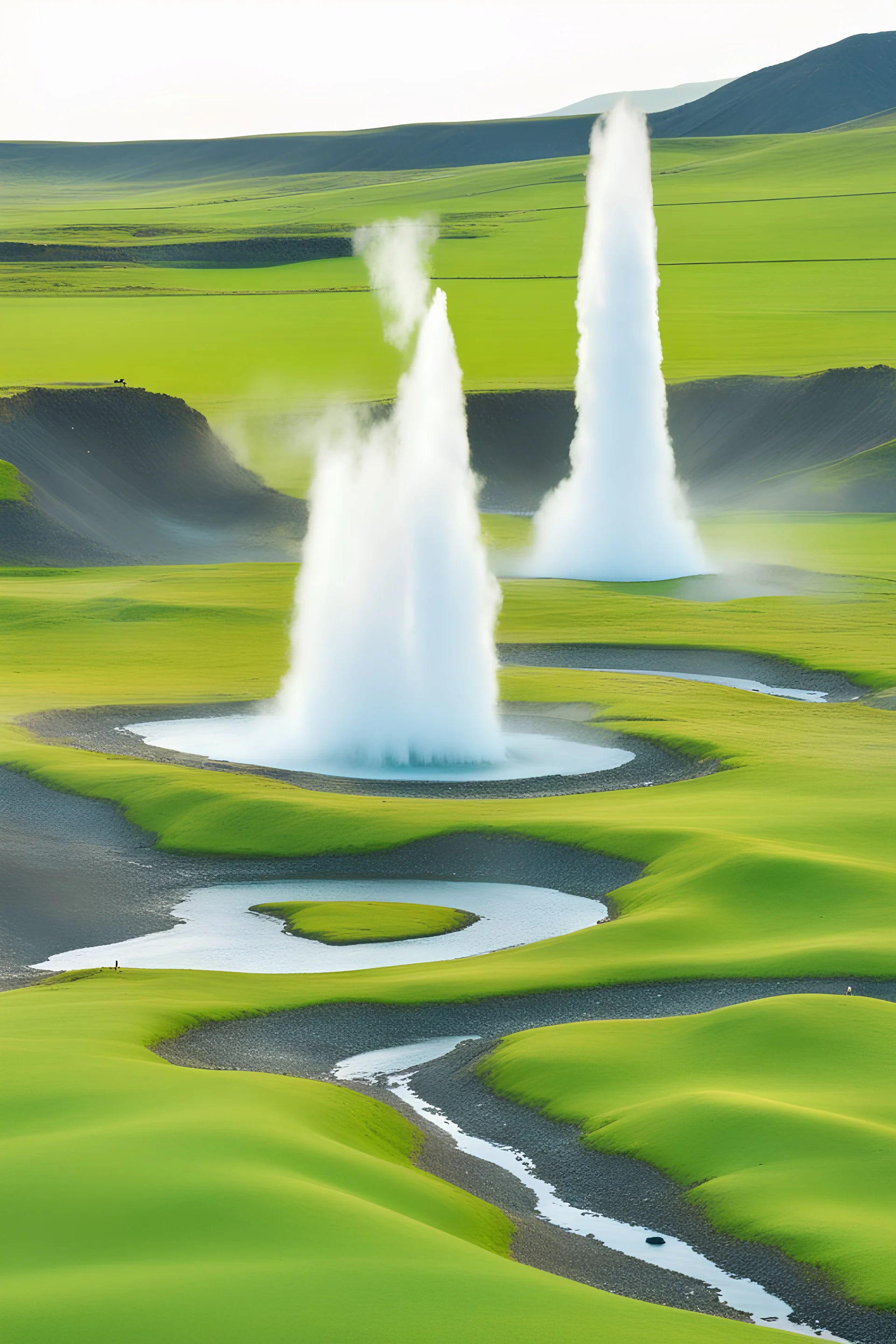 big geyser in Iceland, northern lights, green fields, clear sky, nighttime