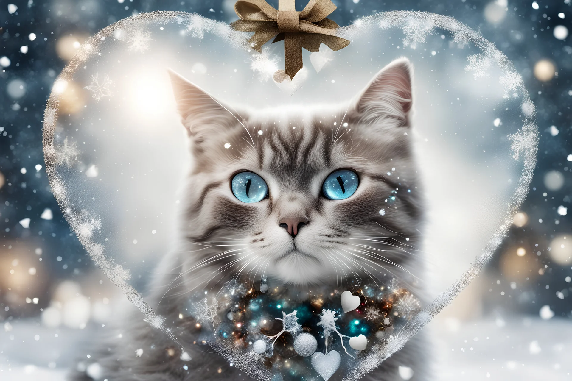 Double exposure, merged layers, Christmas fantasy, cat Christmas ornaments, gifts, double exposure, snowfall, heart, snowflakes, icy snowflakes, burlap, gems and sparkling glitter, sunshine