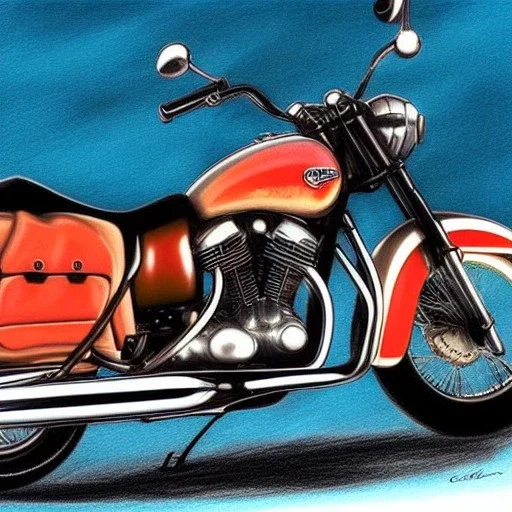 fullbody Drawing of 'Vintage classic style concept Motorcycle',three quarters view, retro design study, classic steel wheels, toned colors, art by cheryl kelley,16k