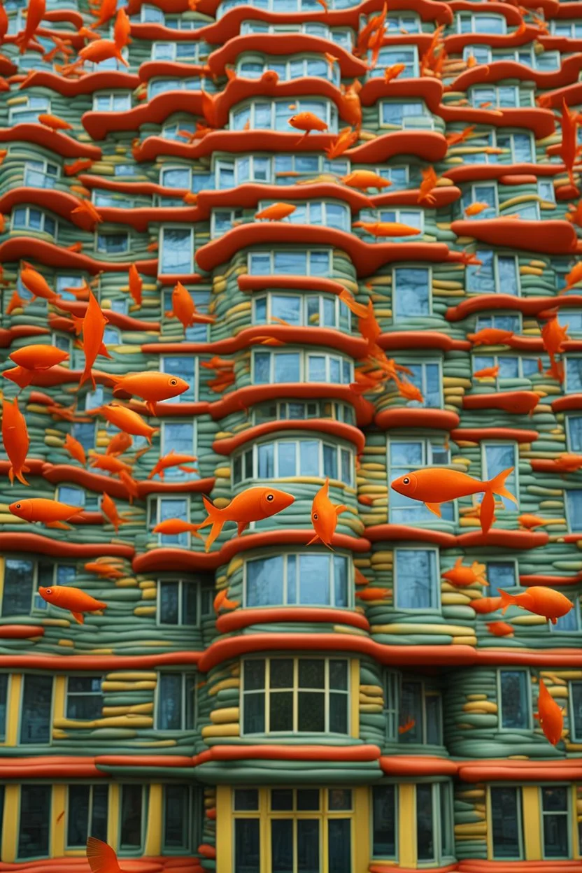 A crazy surreal incandescent building with flying fishes by artist "Sandy Skoglund",by artist "Hundertwasser",by artist "Victor Enrich"