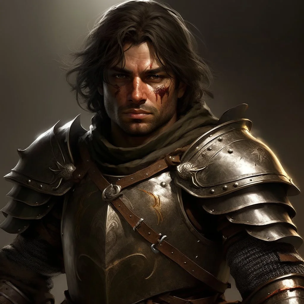 a rugged and determined knight with scars of battle etched across his weathered face, stands tall amidst the chaos of a medieval world. With dark brown hair falling to his shoulders and hazel eyes reflecting both determination and compassion, he is a master swordsman on a quest for vengeance and justice. Dressed in practical leather armor and wielding his broadsword with expert proficiency, Cedric's journey is marked by loss, survival, and the pursuit of honor in a world torn apart by conflict.