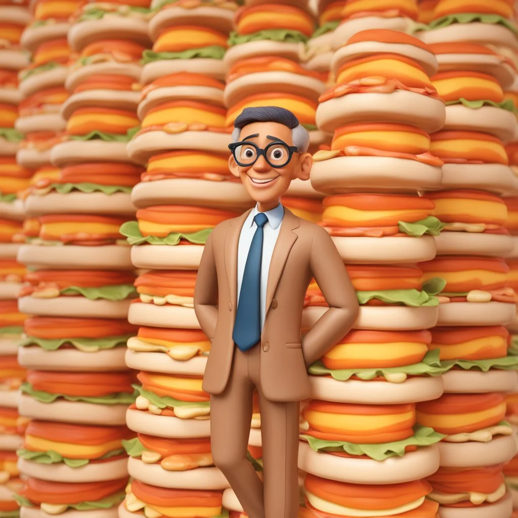 Disney pixar 3D style tan skin middle aged man with short haircut wearing thin round glasses and suit in food background smiling