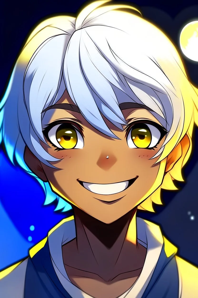 Style: Cartoon anime or manga, A boy with dark skin tone, with yellow and blue eyes, white hair, moon-shaped cheek marks, and a childish smile, he seems pretty crazy HEHE!