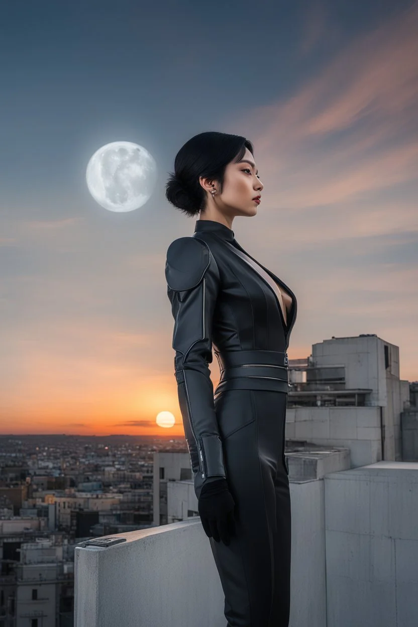 Photo Of A slim Woman With Black Hair, Wearing an android-looking suit, standing sideways On a ledge of a building, with a waning moon Behind Her Head, sunset with small clouds