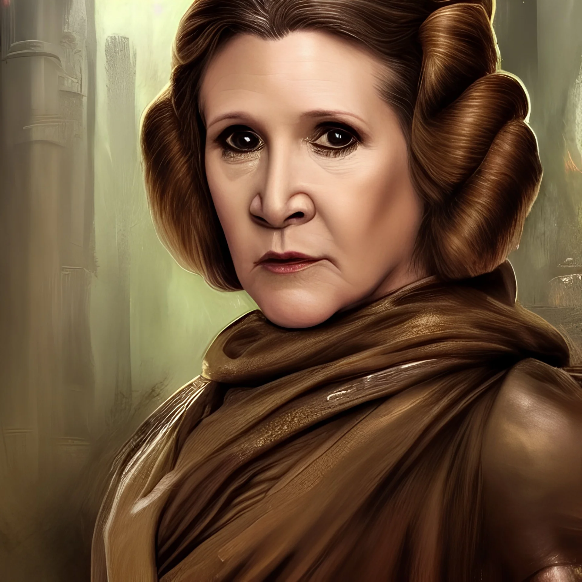 [[extrem stunning photorealistic Carrie Fisher as Princess Leia]] :: [[photorealistic brown eyes, short hair, head and shoulders portrait, 8k resolution photorealistic portrait by Greg Rutkowski, Artgerm, WLOP, Alphonse Mucha, dynamic lighting, hyperdetailed, intricately detailed, triadic colors]]