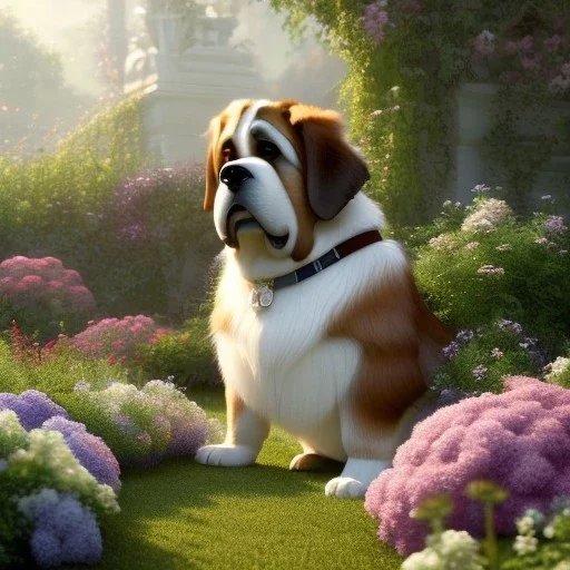 pixar style, volumetric summer garden environment and background, realistic painting of saint Bernard, looking excited, volumetric lighting, dramatic lighting, detailed digital painting, extreme dense and fine fur, anime, ornate, colour-washed colors, elegant, small minutiae, tiny features, particulars, centered, smooth, sharp focus, renderman gofur render, 8k, uhd, detailed eyes, realistic shaded volumetric lighting, sunlight caustics, backlight, centered camera view