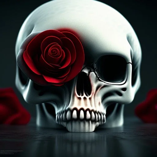 Cracked Skull and red rose, marble texture, dark, fantasy art, shallow depth of field, macro lens, unreal engine 5, ultra detailed,8k, HDR, hyperphotorealistic, bone, set in fire