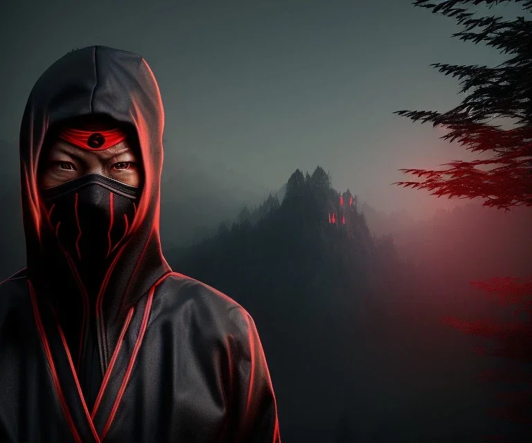 Ninja portrait , black suite, in the night Alps , angels background, volumetric red light, high detail, dark leaf tree, dark mountains in background, perfect, HR Giger style, red lights