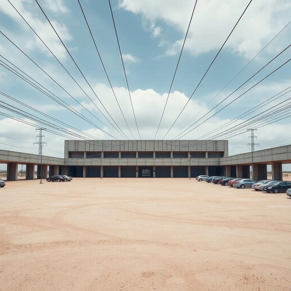 Photograph, wires, fake, limit of the world, edificio elicoidale, spacious parking spaces, Truman show, brutalist concrete architecture, sky, brutalist, liquid, polvere, red spot, open air museum style, blue wire, apparecchi elettronici, powder, punto, minimalist, details of the dust very accentuated, deep 3d field