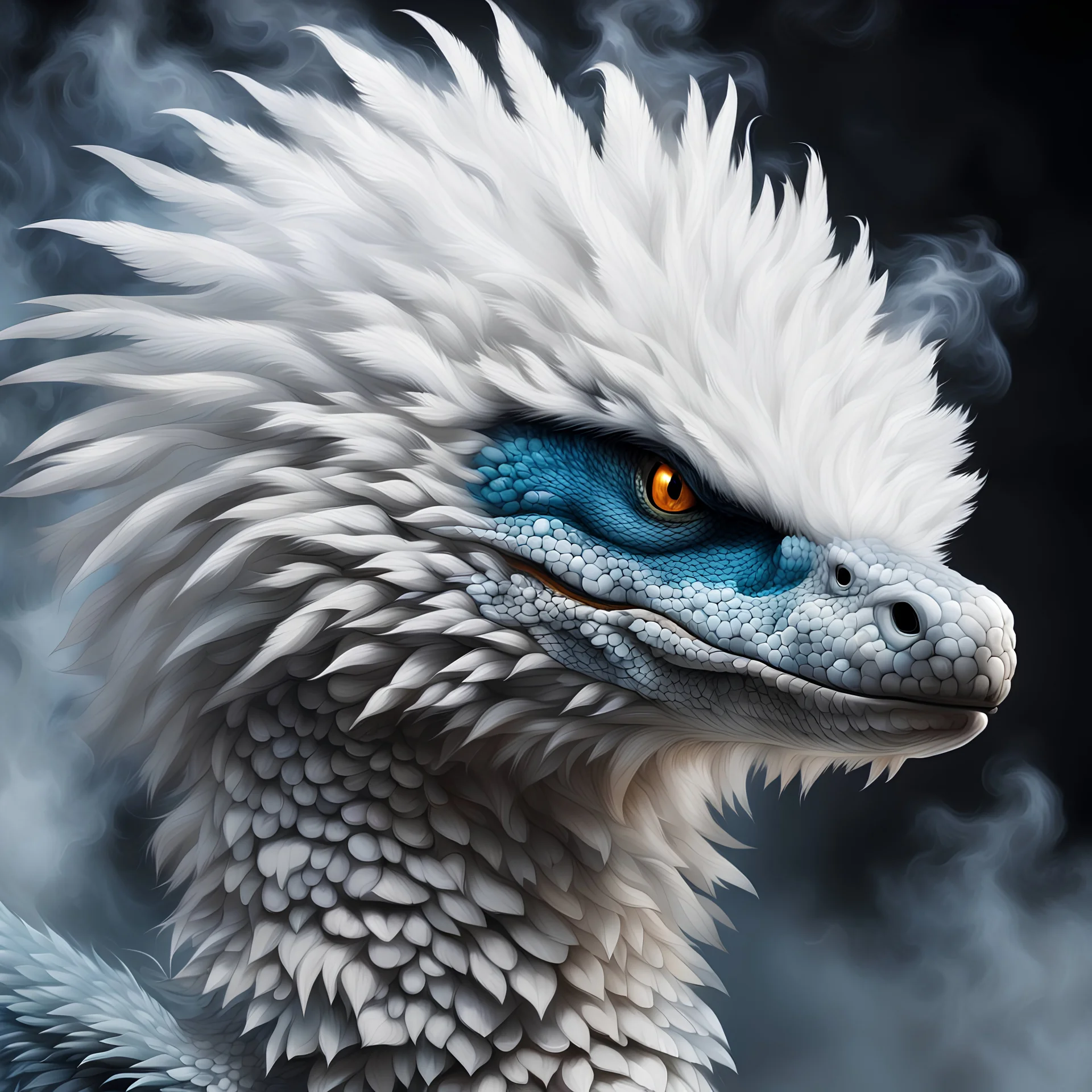 head of a sturdy colorful arctic drake curly white fur, smokey breath and fire,, spikes along back, a long tail, moving forward towards viewer, wrapped in smoke