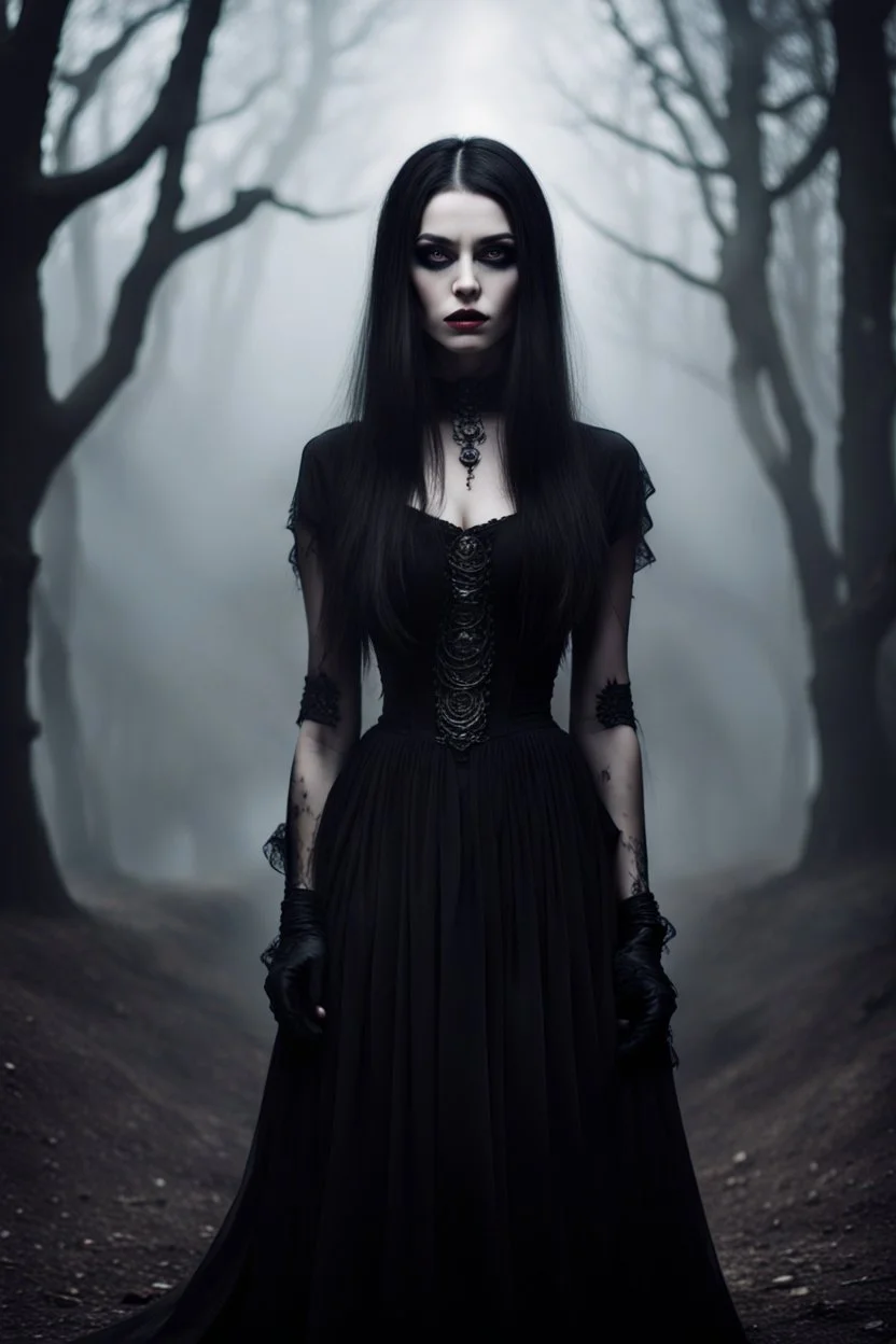 a mystic beauty goth woman with pale skin, black-silver hair, , goth style makeup. She wearing a stylish nice black dress, she gazes mysterious , mystic dark vibe, fog, shadows
