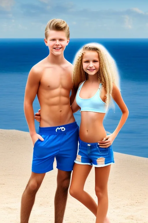 full body image of a beautiful 12 year old girl and a beautiful 12 year old boy with long, blonde curly hair and light blue eyes, smiling, shirtless, in front of an distant beach, 8k