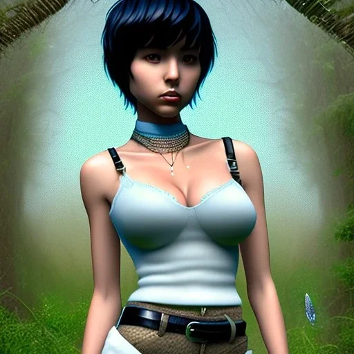 realistic photo of a 23-year-old gentle graceful boyish damsel pixie, short men's hairstyle, short black hair, boyish face, beautiful women's cleavage, women's jeans with gaps with lace mesh and rhinestones, trousers fit wide hips, high heels, very thin waist, big ass, fashionable women's handbags, party for girls