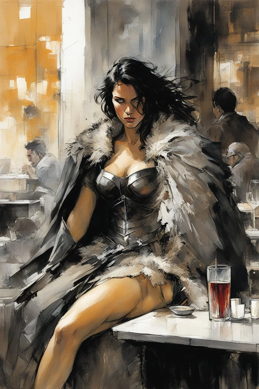 Alex Maleev, unused cover illustration, 2005: In a bustling café, the Wounded Gallic Warrior and the woman resembling the Sleeping Hermaphrodite find solace amidst the chaos of the modern world. His tattered armor and fur-lined cloak clash with the contemporary setting, drawing curious glances. Her flowing garments blend seamlessly with both ancient and modern realms. Their eyes meet, conveying determination and empathy. The warrior confesses his struggle with the unfamiliar surroundings, seekin