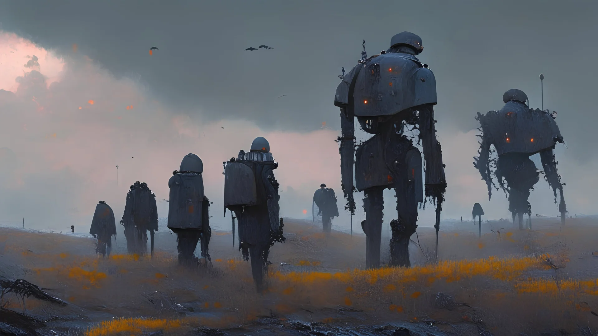 marching machine soldiers, creepy landscape, techno gothic visual composition, science fiction painting, Denis Sarazhin, Quint Buchholz, Simon Stålenhag, Neil Blomkamp, Christopher Shy, Alejandro Burdisio, RAW, gritty high contrast, atmospheric horror, unsettling art, dark palette, harsh colour