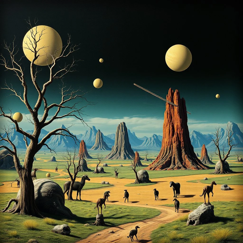 Creepy surreal landscape, Max Ernst, Walton Ford, 8k, 3d