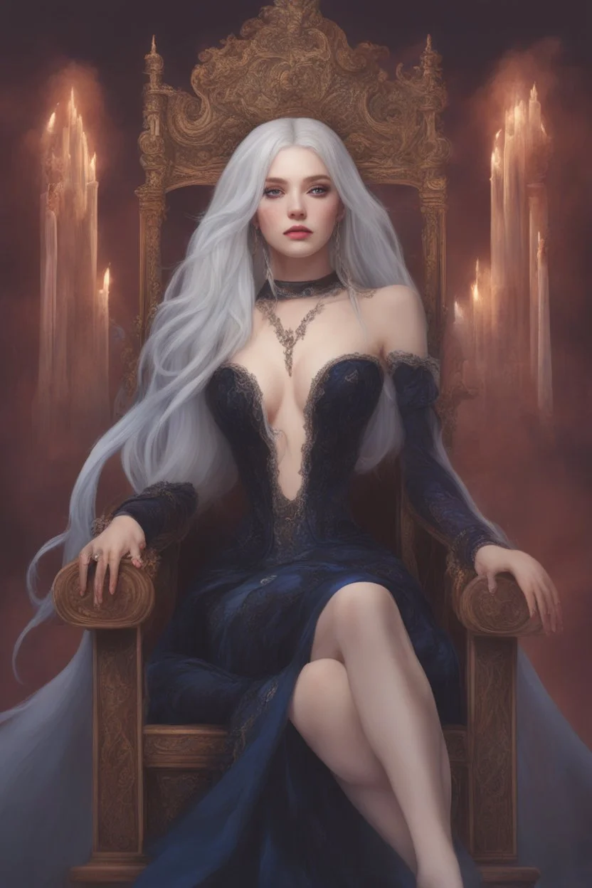 Moon queen long white hair, black robes, blue eyes