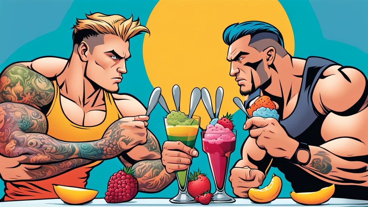 A comic-style illustration featuring two muscular, tattooed men sitting across from each other at a table. Their intense gazes are focused on a comic-style illustration massive ice cream glass filled with a colorful medley of fruit-flavored scoops. Holding spoons in their hands, both men exude anger and tension, vying for the opportunity to dig in. The background is a blurred cafe scene, with bright lights and a sense of cinematic drama. This humorous and high-detailed captures