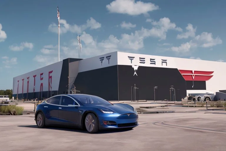 A Tesla 'Model S' is parked, in the 'Kennedy Space Center' in Florida. (CINEMATIC, WIDE ANGLE LENS, PHOTO REAL)