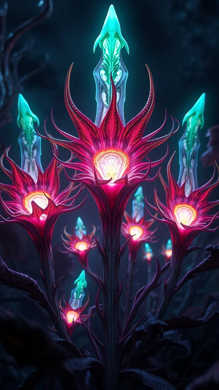 "3D HR Complex Unique and Beautiful Bioluminescent Carnivorous Plants, a breathtaking frontier fantasy artwork by Android Jones, Jean Baptiste monge, Alberto Seveso, Erin Hanson, Jeremy Mann. Minimalist highly detailed and complex professional_photography, masterpieces, 8k resolution concept art, Artstation, tricolor, Unreal Engine 5, cgsociety" Highly detailed ArtStation Concept Art Clear Focus Smooth cinematic 4K epic Details Serious Stoic ARTgerm AN's mature art. Bosch painting style,Busch