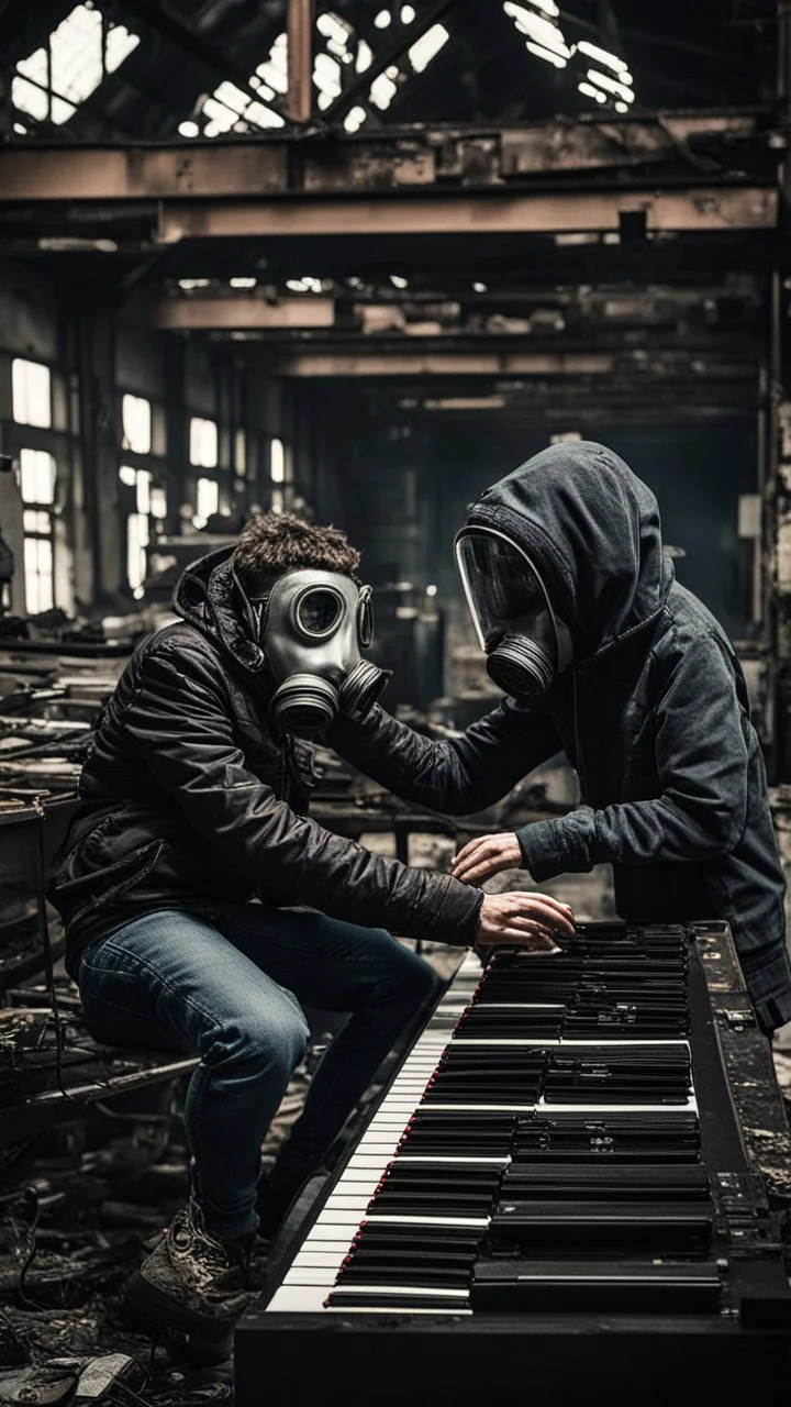 a person with a gas mask in an abandoned big massive factory, playing with a modular synth piano