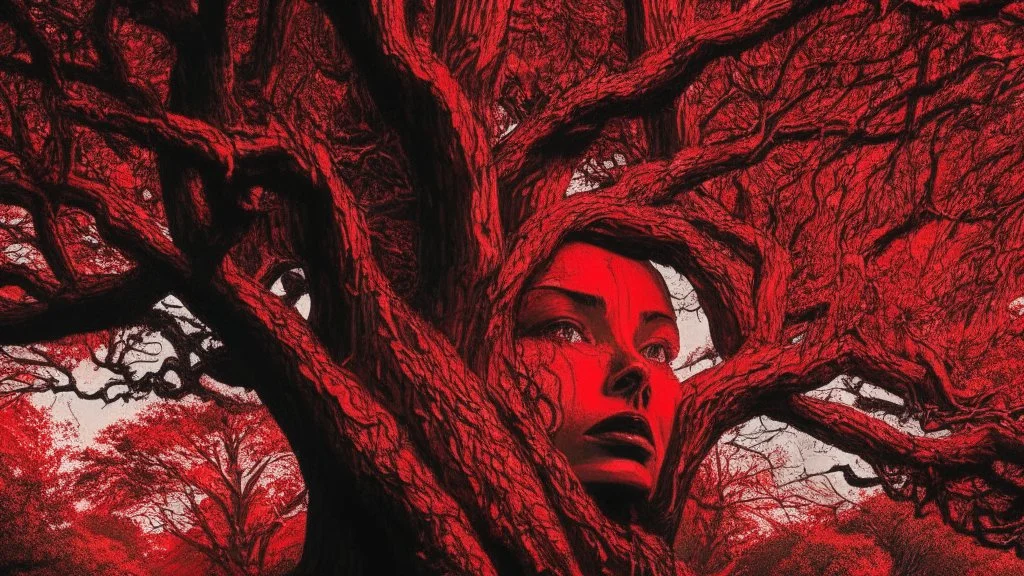 red tree, highly detailed, beautiful desktop wallpaper, comic style, human faces on tree