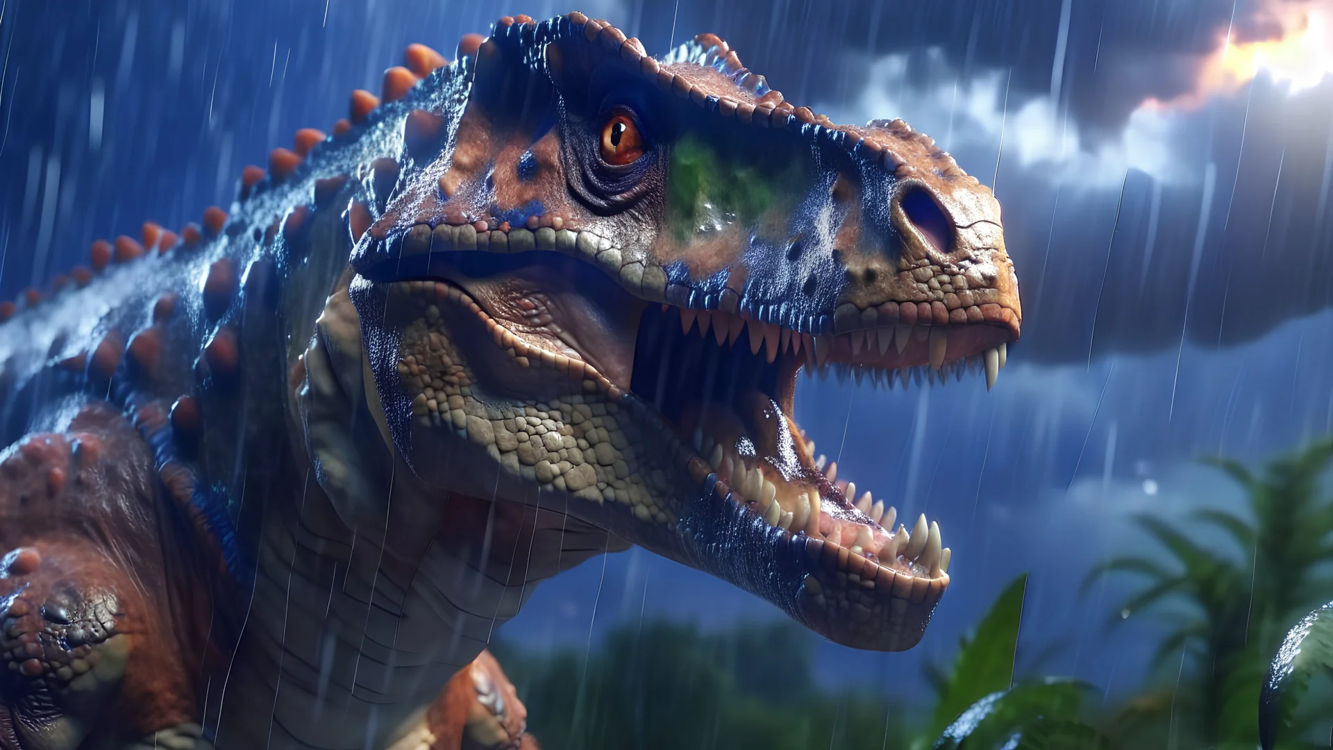 Huge dinosaur in a thunderstorm, intricately detailed face, Professional photography, bokeh, a breathtaking background cinematic side light, medium shot head, shot on dslr 64 megapixels sharp focus, canon lens, Hyperrealistic, concept art, 16k resolution