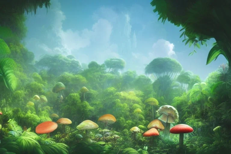 jungle on an alien planet with massive flowers, fruits and mushrooms, wideangle view, volumetric lighting, volumetric clouds, small minutiae, tiny features, particulars, precise pencil outlines, sharp lines, cinematic art by jessada sutthi