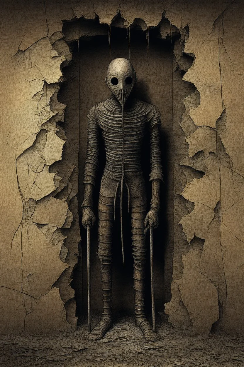 The full body of a prisoner man with iron mask holding a bat , coming out a broken wall, Scary face , decayed and rotting with grotesque proportions and imagery. abstract grotesqueries, detailed texture, surreal horror, biomechanical design, by hr giger and beksinski